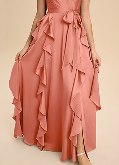 Azazie Peyton Junior Robe Trapèze en Satin extensible Plissée Rose Saumon image6