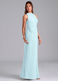 Azazie Evadne Bridesmaid Dresses Cloud Blue Sheath Pleated Chiffon Dress image4