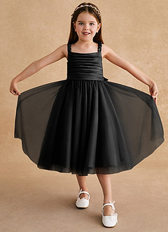 Azazie Gabbie Flower Girl Dresses Black A-Line Pleated Matte Satin Dress image3