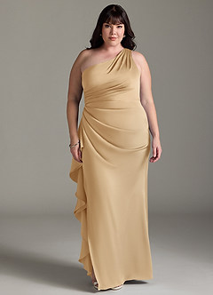 Azazie Latrice Bridesmaid Dresses Gold Sheath One Shoulder Cascading Ruffles Stretch Satin Dress image6