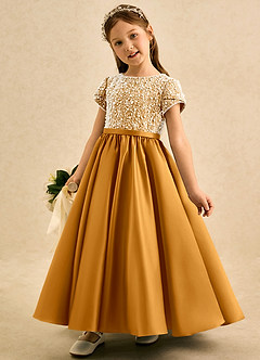 Azazie Cashew Flower Girl Dresses Butterscotch Ball-Gown with Sleeves Matte Satin Dress image3