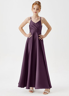 Azazie Avelina Junior Plum A-Line Pleated Stretch Satin Dress image3