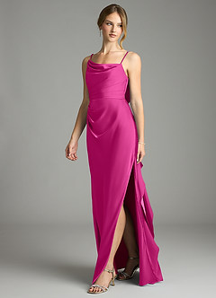 Azazie Eirene Final Sale Fuchsia Sheath Pleated Stretch Satin Dress image3