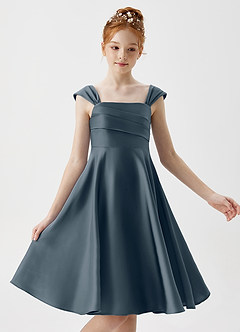 Azazie Amira Junior Twilight A-Line Pleated Stretch Satin Dress image3