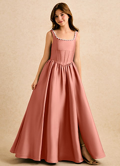 Azazie Enid Girls Formal Flower Girl Dresses Salmon Pink A-Line Beaded Stretch Satin Dress image1