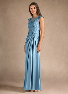 Azazie Santa Barbara Abiti per la Madre della Sposa Abito Tubino in Raso Elasticizzato Plissettato Blu Acciaio image6