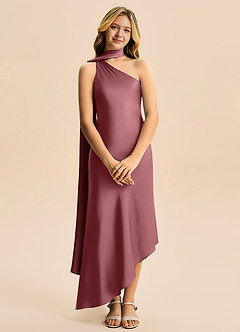 Azazie Briony Junior Vestido Rosa Do Deserto de Cetim elástico de Bainha com Plissado image7