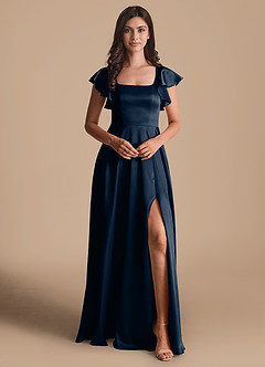 Azazie Bondi Bridesmaid Dresses Dark Navy A-Line Bow Metallic Satin Dress image2