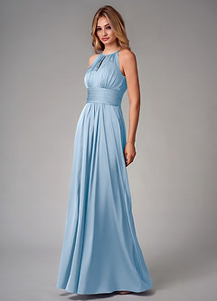 Azazie Bonnie At-home Try On Dresses Dusty Blue A-Line Pleated Stretch Satin Dress image3