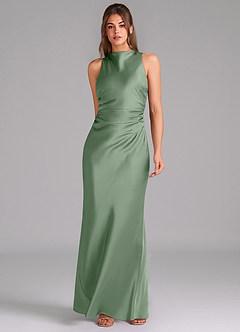 Azazie Evadne Bridesmaid Dresses Matcha Sheath Pleated Stretch Satin Dress image3