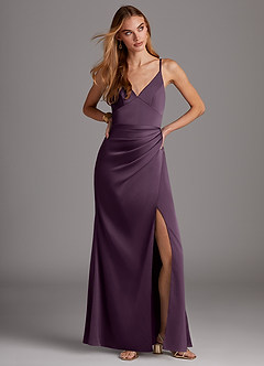 Azazie Shania Brautjungfernkleider Etui V-Hals Gefaltet Stretch-Satin Kleid Pflaume image3