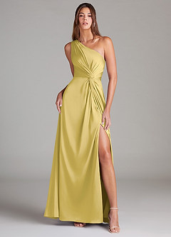 Azazie Brooke Robes de demoiselle d'honneur Robe Trapèze en Satin extensible Une épaule Canari image2