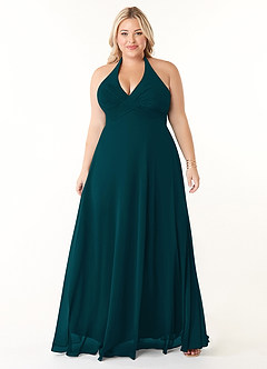 Azazie Tessie Vestidos de damas de honor Vestido de Pino de Gasa de Corte en A con Cuello en V plisado image6