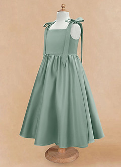 Azazie Chelsie Flower Girl Dresses Silver Sage A-Line Bow Matte Satin Dress image7