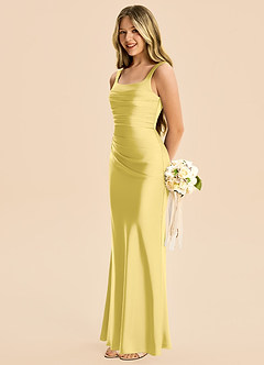 Azazie Agustina Junior Canary Sheath Pleated Stretch Satin Dress image5