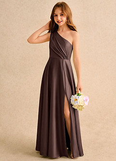 Azazie Puddles Girls Formal Robe Demoiselle D'honneur Fillette Robe Trapèze en Satin extensible Une épaule Ganache image3