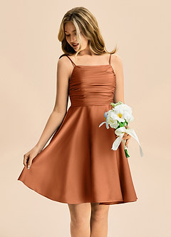 Azazie Miko Junior Linia A Pofałdowany Satyna elastyczna Mini Młodsza druhna Sukienka image4