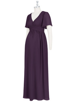 Azazie Verna Robes de demoiselle d'honneur de maternité Robe Trapèze Col V froncé Longueur ras du sol Mousseline de soie image9