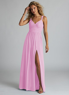 Azazie Aziza Bridesmaid Dresses Candy Pink A-Line V-Neck Pleated Chiffon Dress image2