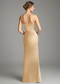 Azazie Alouette Bridesmaid Dresses Gold Mermaid Pleated Stretch Satin Dress image2
