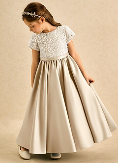 Azazie Cashew Flower Girl Dresses Champagne Ball-Gown with Sleeves Matte Satin Dress image5