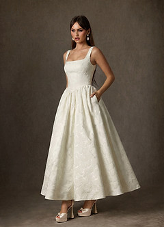 Azazie Verina Wedding Dresses Cream A-Line with Pockets Floral Jacquard Dress image4