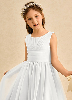 Azazie Macaron Jurken voor bloemenmeisjes A-Lijn Jurk van Tule Geplooid Wit image5