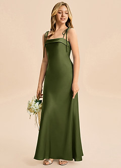 Azazie Willa Junior Olive A-Line Bow Stretch Satin Dress image5
