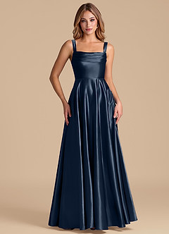 Azazie Shaude Bridesmaid Dresses Dark Navy A-Line Pleated Metallic Satin Dress image5