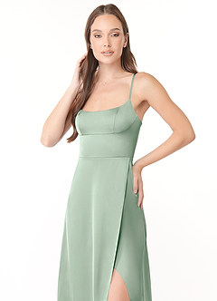 Azazie Halsey Final Sale Agave A-Line Side Slit Stretch Satin Dress image6