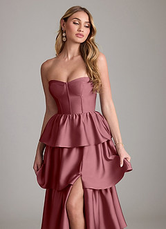 Azazie Faye Bridesmaid Dresses Desert Rose A-Line Ruched Stretch Satin Dress image5