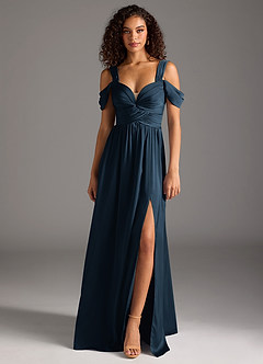Azazie Lianne Brautjungfernkleider A-Linie Schulterfrei Stretch-Satin Kleid Dunkelmarine image7