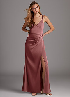 Azazie Shania Bridesmaid Dresses Amethyst Sheath V-Neck Pleated Stretch Satin Dress image3