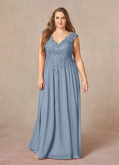 Azazie Amethyst vestidos de madre de la novia Vestido de Azul Polvoriento de Gasa de Corte En A con Lentejuelas Cuello V image13