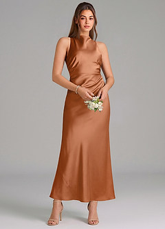 Azazie Evadne Bridesmaid Dresses Copper Sheath Pleated Stretch Satin Dress image3