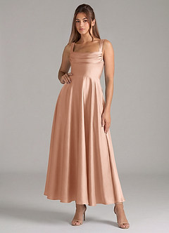 Azazie Shaude 신부 들러리 드레스 A라인 주름진 스트레치 새틴 발목 길이 드레스 image1