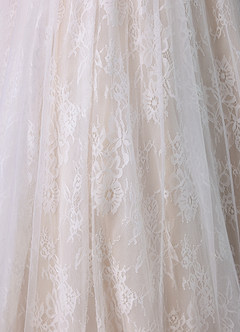Azazie Adriana At-home Try On Dresses Diamond White Champagne A-Line Strapless Lace Dress image6