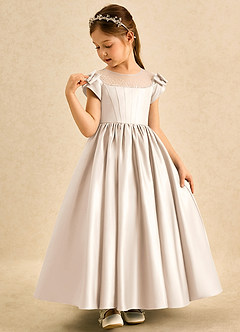 Azazie Toffee Flower Girl Dresses White Alabaster Ball-Gown Bow Matte Satin Dress image4