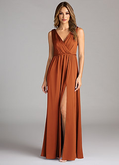 Azazie Tanicia Robes de demoiselle d'honneur Robe Trapèze en Satin extensible Plissée Cannelle image3