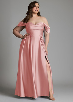 Azazie Loisa At-home Try On Dresses Dusty Blue A-Line Off the Shoulder Stretch Satin Dress image13