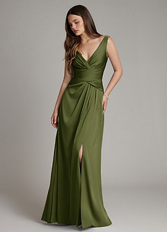 Azazie Pauline Bridesmaid Dresses Olive A-Line Pleated Stretch Satin Dress image1