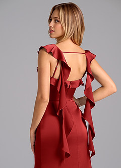 Azazie Adi Bridesmaid Dresses Pomegranate A-Line Pleated Stretch Satin Dress image2