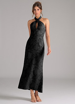 Azazie Marlissa Bridesmaid Dresses Black Sheath Pleated Floral Burnout Dress image3