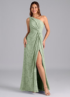 Azazie Brooke Bridesmaid Dresses Dusty Sage A-Line One Shoulder Floral Burnout Dress image4