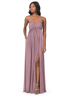 Azazie Annabelle Probar vestidos en casa Vestido de Acampanado Cuello en V plisado Largo hasta el piso Malla image1