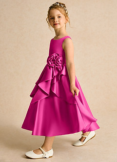 Azazie Hermia Robe Demoiselle D'honneur Fillette Robe Trapèze en Mat Satiné Sans manches Fuchsia image4