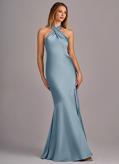 Azazie Lorena Bridesmaid Dresses Dusty Blue Mermaid Pleated Stretch Satin Dress image3