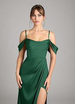 Azazie Johana Bridesmaid Dresses Dark Green Mermaid Off the Shoulder Stretch Satin Convertible Dress image4