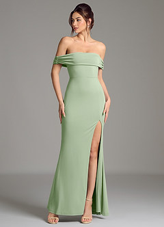 Azazie Evangelia Robes de demoiselle d'honneur Robe Sirène en Jersey extensible de qualité supérieure Épaules dénudées Vert Sauge image4