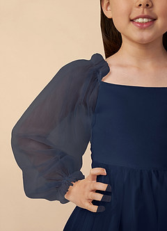 Azazie Aya Jurken voor bloemenmeisjes A-Lijn Jurk van Tule met Mouwen Donkere Marine image3